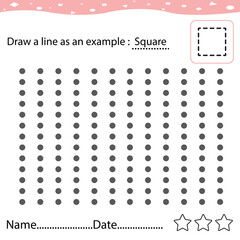Connect dots with straight lines and draw square. Worksheet for children coloring book. Repeat the image by example. Educational game for attention for children of kindergarten and preschool age