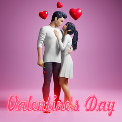 3d cartoon couple with love and rose. 3d illustration couple for valentine day. illustration isolated with pink background