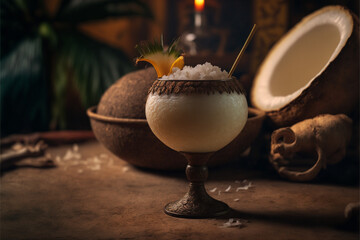 Coconut pina colada pineapple cocktail with pineapple AI generated - obrazy, fototapety, plakaty
