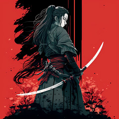 A woman with long hair holding a sword