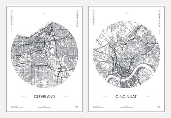 Travel poster, urban street plan city map Cleveland and Cincinnati, vector illustration