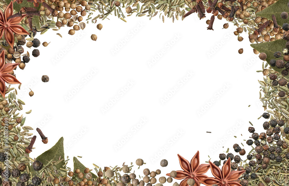 Wall mural realistic spices border frame on transparent background. the view from top. flat lay, top view.