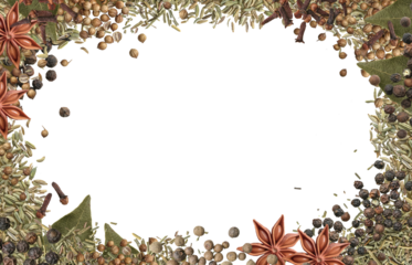 Realistic spices  border frame on transparent background. The view from top. Flat lay, top view.
