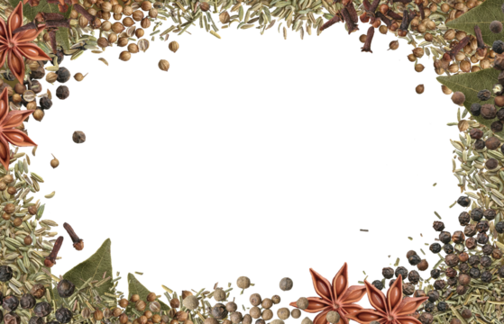Realistic spices  border frame on transparent background. The view from top. Flat lay, top view.