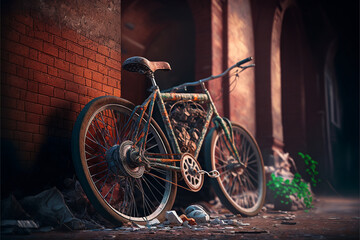 Fototapeta na wymiar Damaged bicycle leaning against a brick wall AI generated