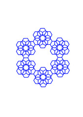 gruppe aus sechs miteinander verbundenenn blauen sechsecken verschiedener größe symmetrisch kombiert