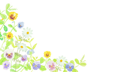 水彩絵の具で描いた優しい春の草花背景