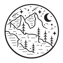 Mountain and Cliff With Night Sky Vector for Icon and Sticker Design