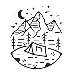 Mountain Camping Vector Monoline for Icon and Sticker Design