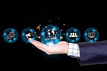 Businessman open hand with sign and icon of digital online marketing internet advertising and sales business technology concept, online marketing, E-business, Ecommerce, Business online