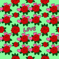 pattern with red flowers and pink hearts. love