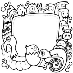 Hand-drawn illustrations, monsters doodle, Hand Drawn cartoon monster illustration,Cartoon crowd doodle hand-drawn Doodle style.black and white stripes coloring  book.