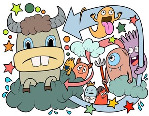 Hand-drawn illustrations, monsters doodle, Hand Drawn cartoon monster illustration,Cartoon crowd doodle hand-drawn Doodle style.