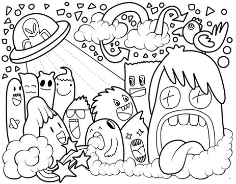 Hand-drawn illustrations, monsters doodle, Hand Drawn cartoon monster illustration,Cartoon crowd doodle hand-drawn Doodle style.black and white stripes coloring  book.