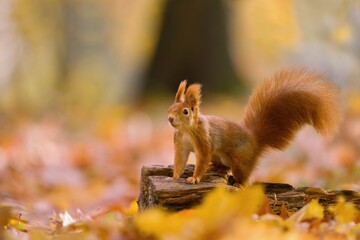 Naklejka na ściany i meble Autumn scene with a cute european red squirrel. Sciurus vulgaris. A squirrel standing on the tree stump. 