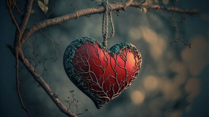 Red heart on a branch concept background, Generative AI