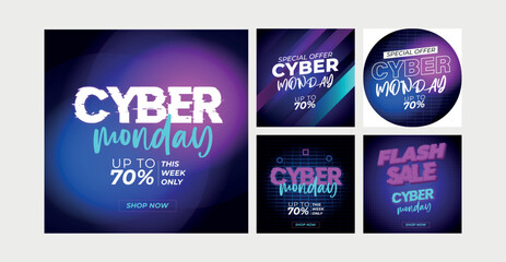 Vector set of social media ads banners, flyers, poster templates in fluid holography style. Abstract liquid shapes cards for web, e-mail promotion. Business offer black friday and cyber monday sale