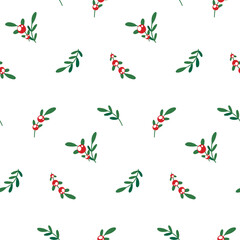 Seamless pattern with small berry branches, leaves on a white background. Simple botanical ornament with tiny hand drawn plants: red berries, twigs, green leaves. Vector illustration.