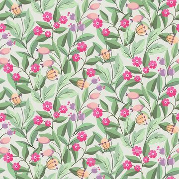 Seamless floral pattern with a delicate decorative garden in pastel spikes. Cute ditsy print, botanical background with hand drawn wild plants: tiny flowers, small leaves, twigs. Vector illustration.
