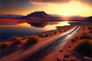 Lake and road in desert at sunset