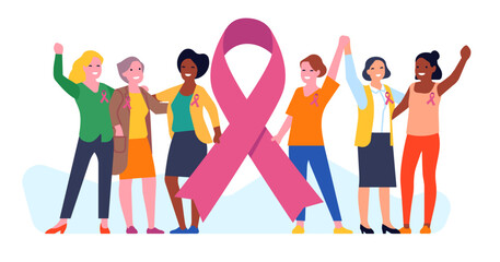 Breast cancer awareness month. Different ethnic groups of women along with pink support ribbon symbol. Bust disease. Female solidarity. Prevention campaign. Medical help. Vector concept