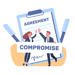 Business deal. Agreement or document on cooperation. Finding compromise. Happy businessman. Employees signing contract. Successful negotiation. Corporate collaboration. Vector concept
