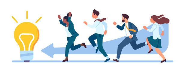 Business people are running to solve problem. Teamwork competition. Entrepreneurs leadership. Employees achievement. Businessman sprints to lamp bulb. Innovation idea. Vector concept
