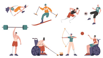 Fototapeta na wymiar Cartoon paralympic athletes. Disabled people in professional sport. Absence of limbs and special prostheses. Runners and skiers. Persons in wheelchairs. Vector handicapped sportsmen set