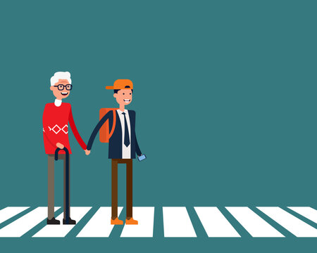 Boy Helps Elderly To Cross The Road. Vector Illustration Family Concept