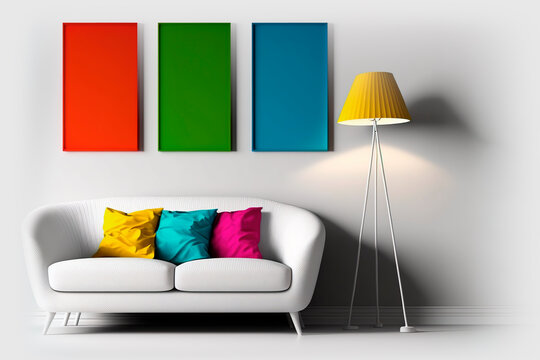 Living room interior with white sofa, multi color 
 pillows, yellow lamp and red, green and blue picture frames. Generative AI