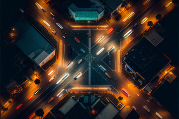 Top view of the intersection of city streets at night, the bright lights of the city at night, a major road junction, the highway with cars. generative AI