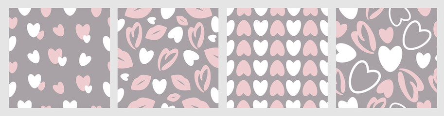 Collage of gentle romantic seamless patterns with hearts. Modern romantic design for paper, textile, cover, fabric, interior decor and other users.