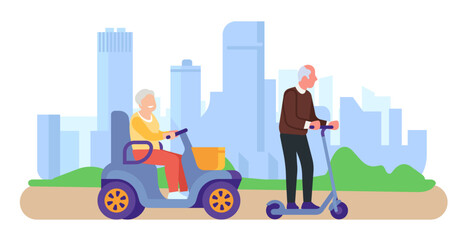 Disabled woman in electric wheelchair rides through park with her old man. Electrical transport. Retired people walk. City transportation. Pensioners travel by scooters. Vector concept