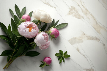 Flowers peonies and roses delicate flowers with green leaves on the background of a marble stone, the concept of greetings for Women's Day, Valentine's Day, February 14, the mockup. generative AI