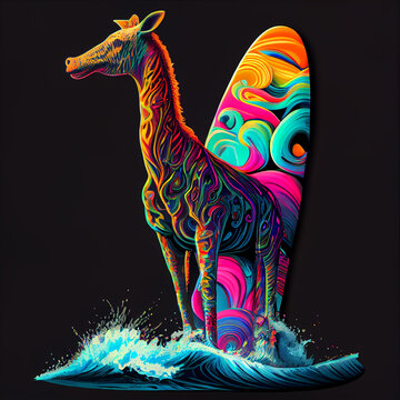 Colorful giraffe with surfboard. AI generative.