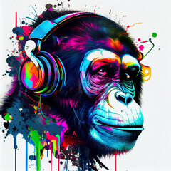 Ape wearing headphones. AI generative.