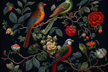 Textile pattern pattern of birds on branches flowers and plants in floral and animalistic style on black background, space for text, bright colors. generative AI