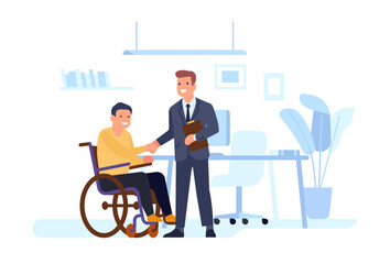 Man with disability gets job. Employee recruitment. HR manager and disabled worker. Equal accessibility. Inclusion in office work. Handicap person sitting in wheelchair. Vector concept