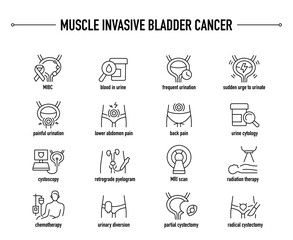Muscle Invasive Bladder Cancer symptoms, diagnostic and treatment vector icon set. Line editable medical icons.