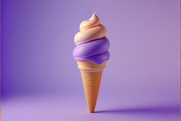 ice cream in a waffle cone cream with syrup purple lavender in the background, copy space. generative AI