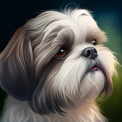 Shih Tzu looking up in the sky to the rigth, colorful background and tounge open.