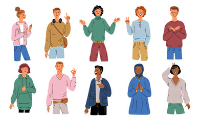 Pointing and gesticulating people. Young cute guys or girls express emotions and desires with arm signs. Body language. Approving or ignoring gesture. Garish vector gesturing persons set - obrazy, fototapety, plakaty
