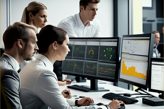 A group of employees monitoring energy consumption on computer screens, showcasing a company's focus on energy efficiency and reducing its environmental impact