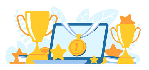 Prizes and winners. Medals for first place. Laptop with cup and other winning trophies. Competition victory. Achievement award. Stars and gold goblet. Computer rewards. Vector concept