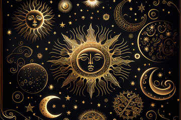 Mystic gold with stars, moon phases, crescents, arrows and copy space on a black background. Ornate shiny magical tarot card with space for text. generative AI - obrazy, fototapety, plakaty
