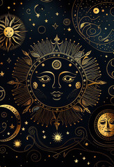Vector mystic gold with stars, moon phases, crescents, arrows and copy space on a black background. Ornate shiny magical tarot card with space for text. generative AI