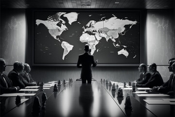 Fototapeta na wymiar An executive standing in front of a world map with various pins, representing the company's presence in various countries and international partnerships