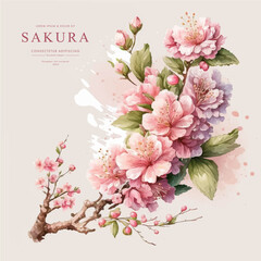 Collection of сherry blossom flowers and branches in vector watercolor style. Women's day on March 8 © Rimsky