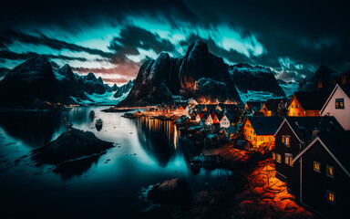 A wide shot of the Hamnøy village, with the aurora borealis illuminating the sky