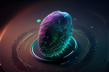 Fingerprint biometrics, new fingerprint and texture technologies, privacy and data storage, colored neon elements. generative AI